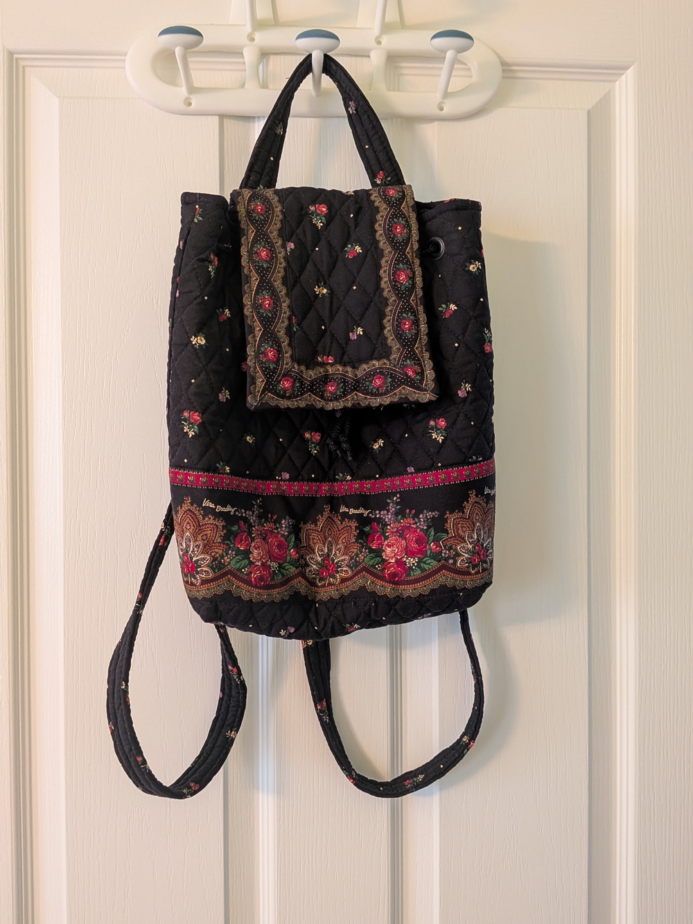 Vera Bradley Black Quilted Backpack with Pink and Green Floral Trim